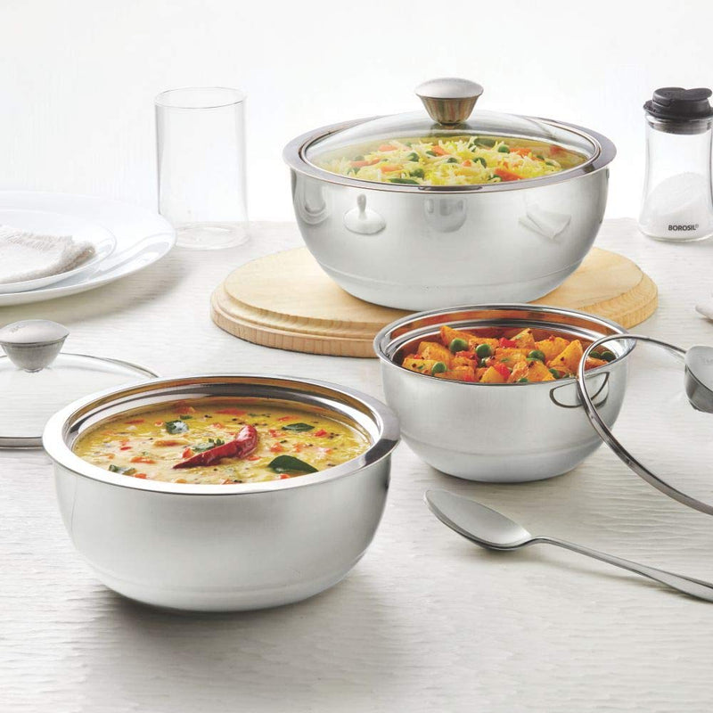 Borosil Servefresh Stainless Steel Insulated 500 ML + 900 ML + 1500 ML Curry Server with Glass Lid - 1