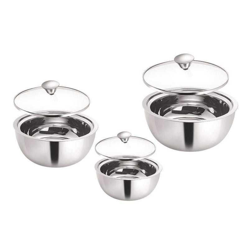 Borosil Servefresh Stainless Steel Insulated 500 ML + 900 ML + 1500 ML Curry Server with Glass Lid - 3