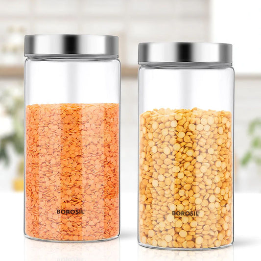 Borosil Endura 1200 ML Airtight Glass Storage Jar Set with Stainless Steel Lid - 1