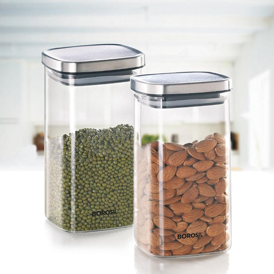 Borosil Classic Square 1400 ML Air-Tight Storage Glass Jar - 1