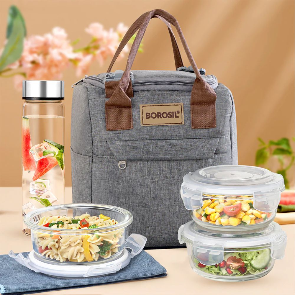 Borosil Glass Pro 3 Containers Lunch Box with Glass Bottle - 1