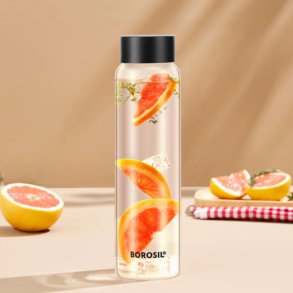 Borosil Glass Crysto Glass Bottle with Black Lid - 1