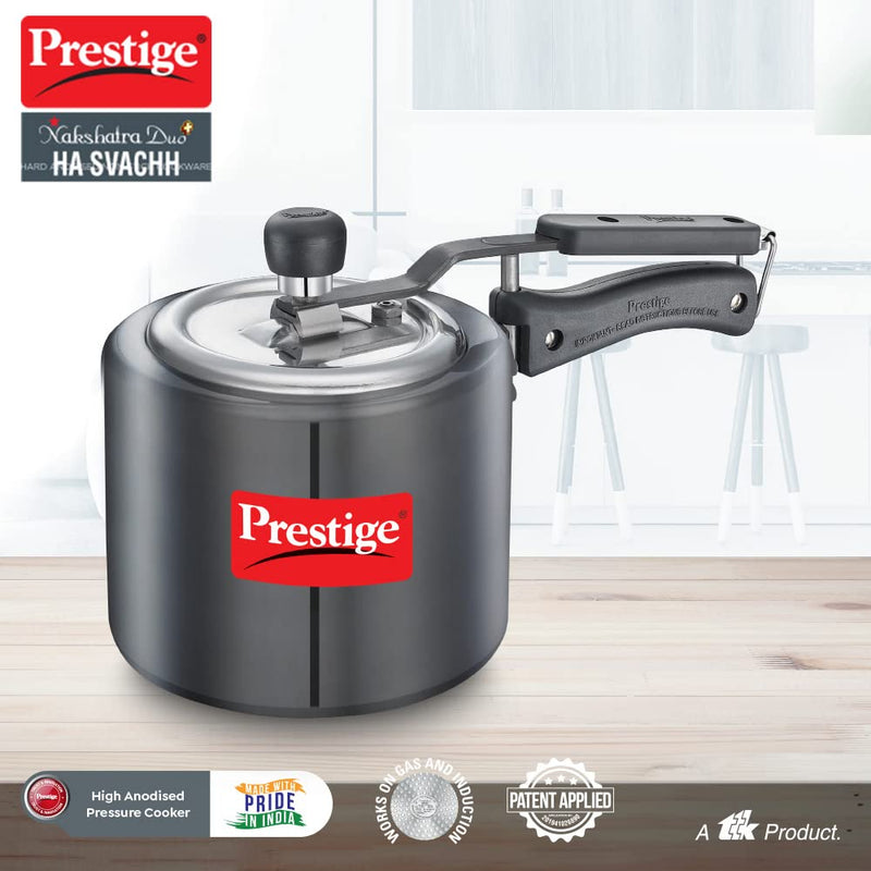 Prestige Nakshatra Duo Plus Svachh Hard Anodised Aluminium Pressure Cooker | Induction Compatible | Black