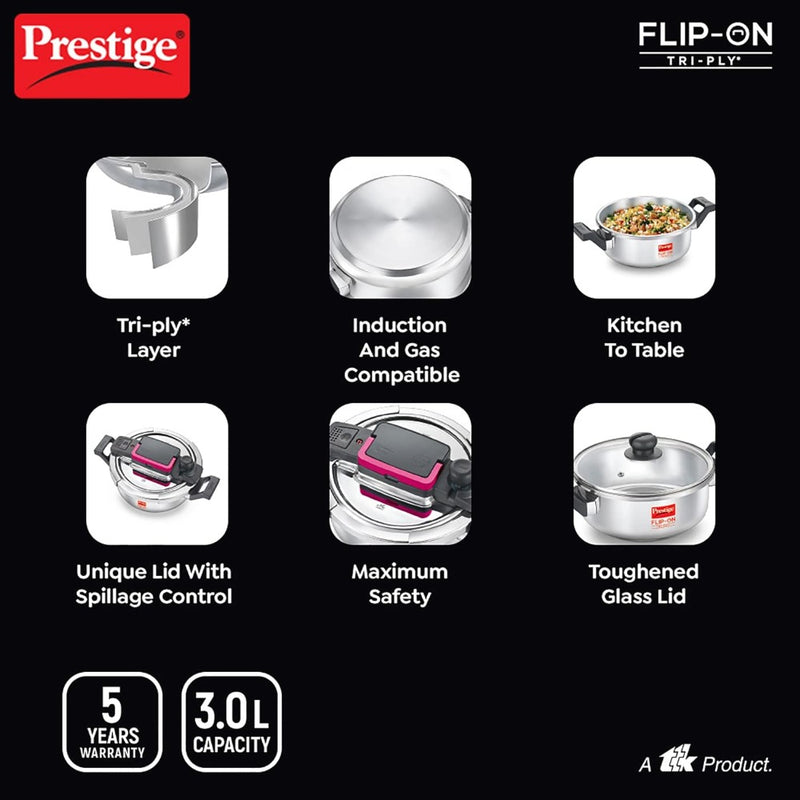 Prestige FLIP-ON Tri-Ply Stainless Steel 22 CM Pressure Cooker with Glass Lid - 7