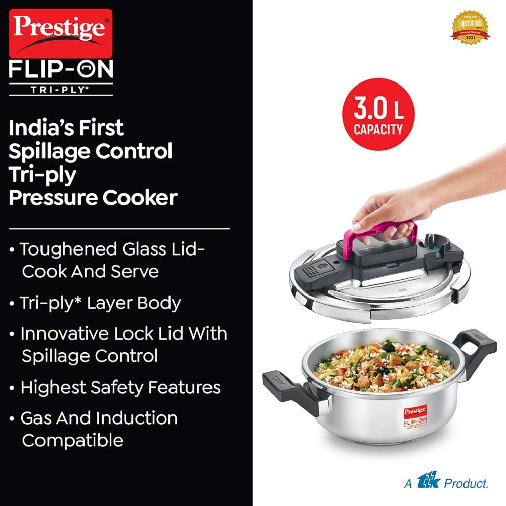 Prestige FLIP-ON Tri-Ply Stainless Steel 22 CM Pressure Cooker with Glass Lid - 6