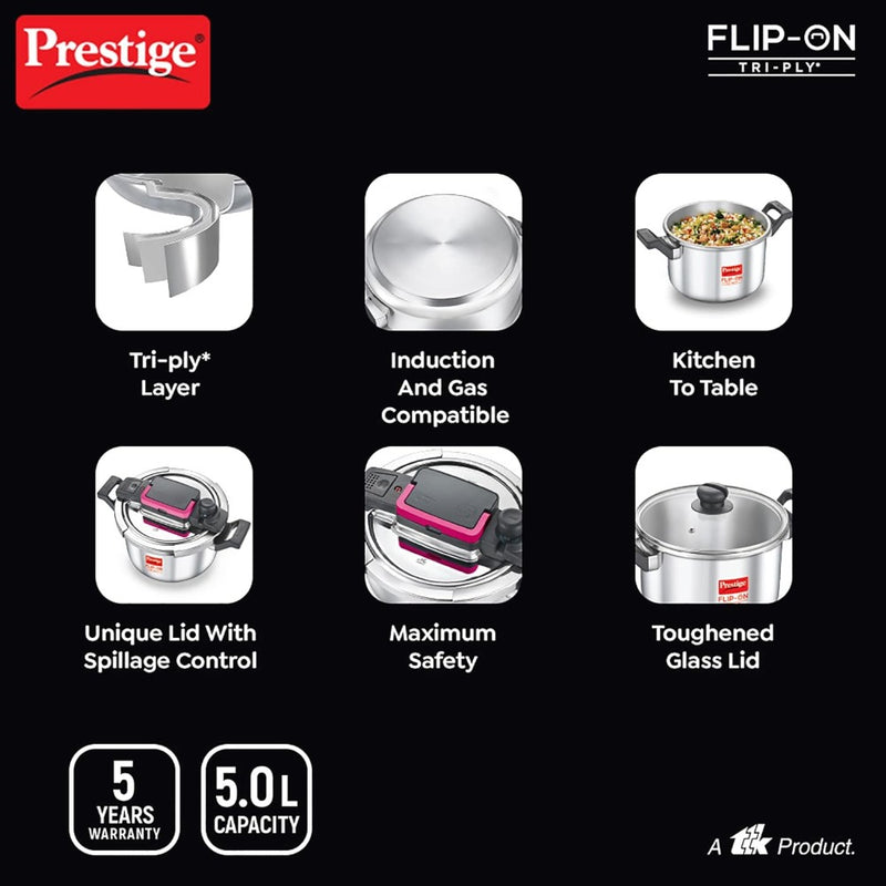 Prestige FLIP-ON Tri-Ply Stainless Steel 22 CM Pressure Cooker with Glass Lid - 14