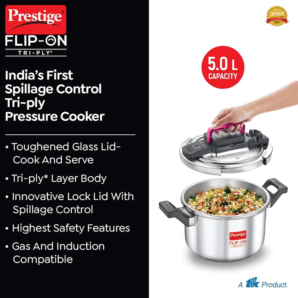 Prestige FLIP-ON TRI-PLY SS Pressure Cooker with Lid 18cm-3L, Silver and  Black, Innovative Lock Lid with Omega Deluxe Granite Combo Set  Cookware-Tawa & Fry Pan