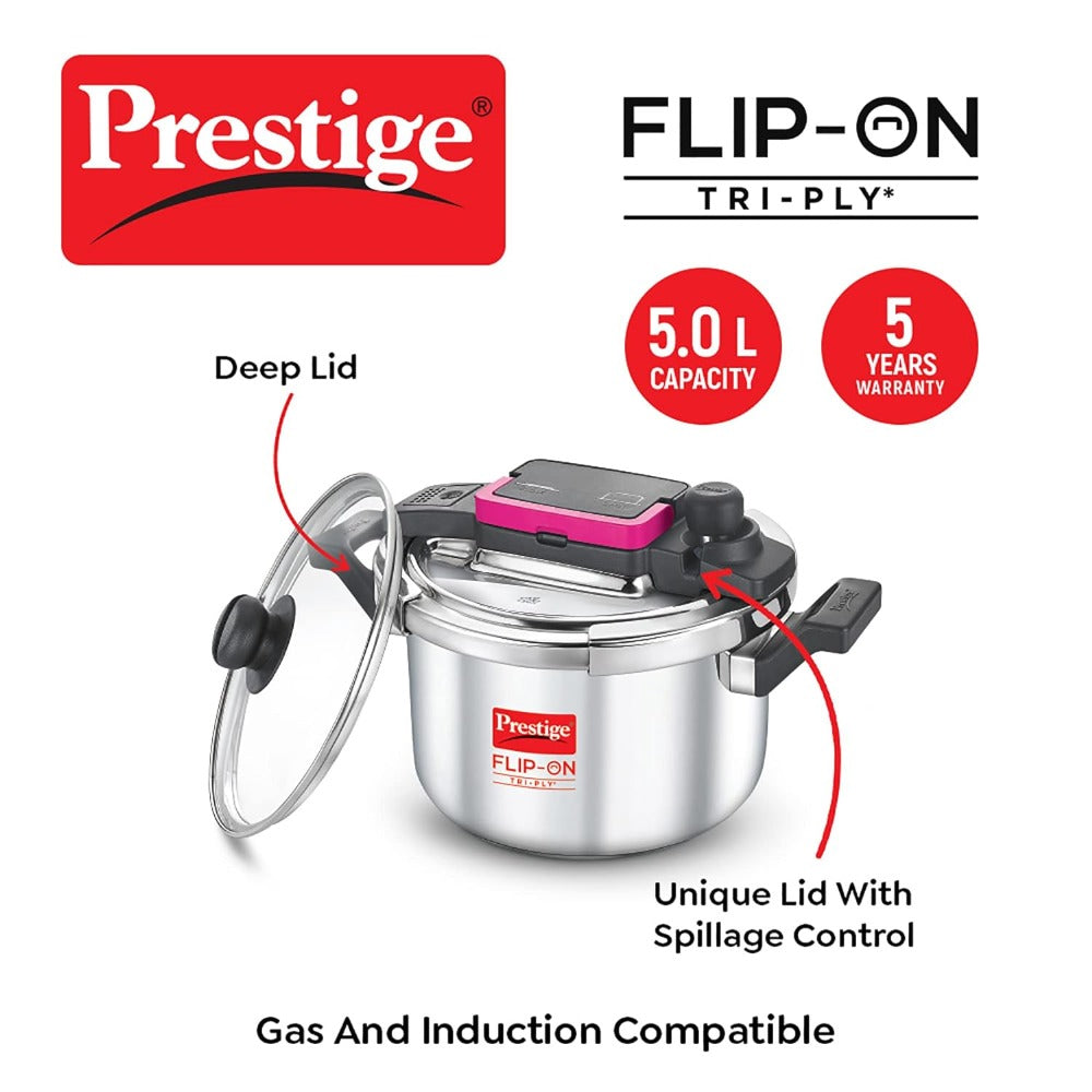 Prestige FLIP-ON Tri-Ply Stainless Steel 22 CM Pressure Cooker with Glass Lid Induction Compatible Silver