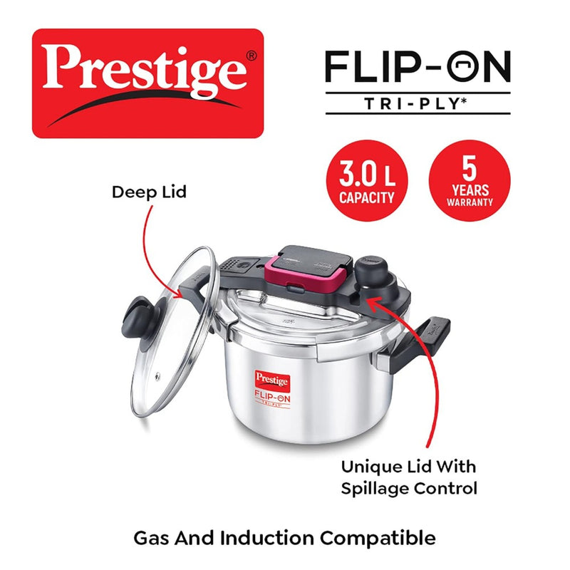 Prestige FLIP-ON Tri-Ply Stainless Steel 18 CM 3 Litre Pressure Cooker with Glass Lid - 2