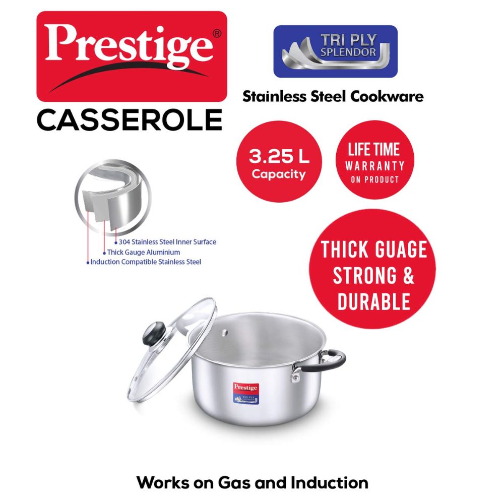 Prestige Tri-Ply Stainless Steel Splendor Casserole with Glass Lid - 2
