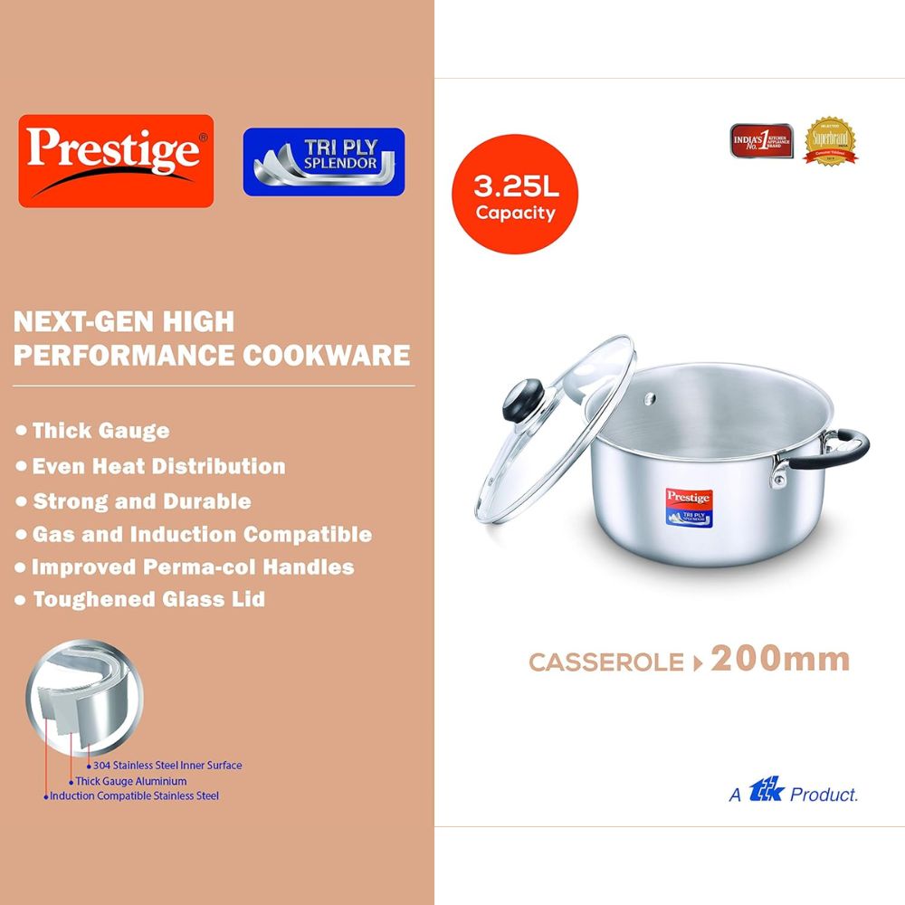 Prestige Tri-Ply Stainless Steel Splendor Casserole with Glass Lid - 3