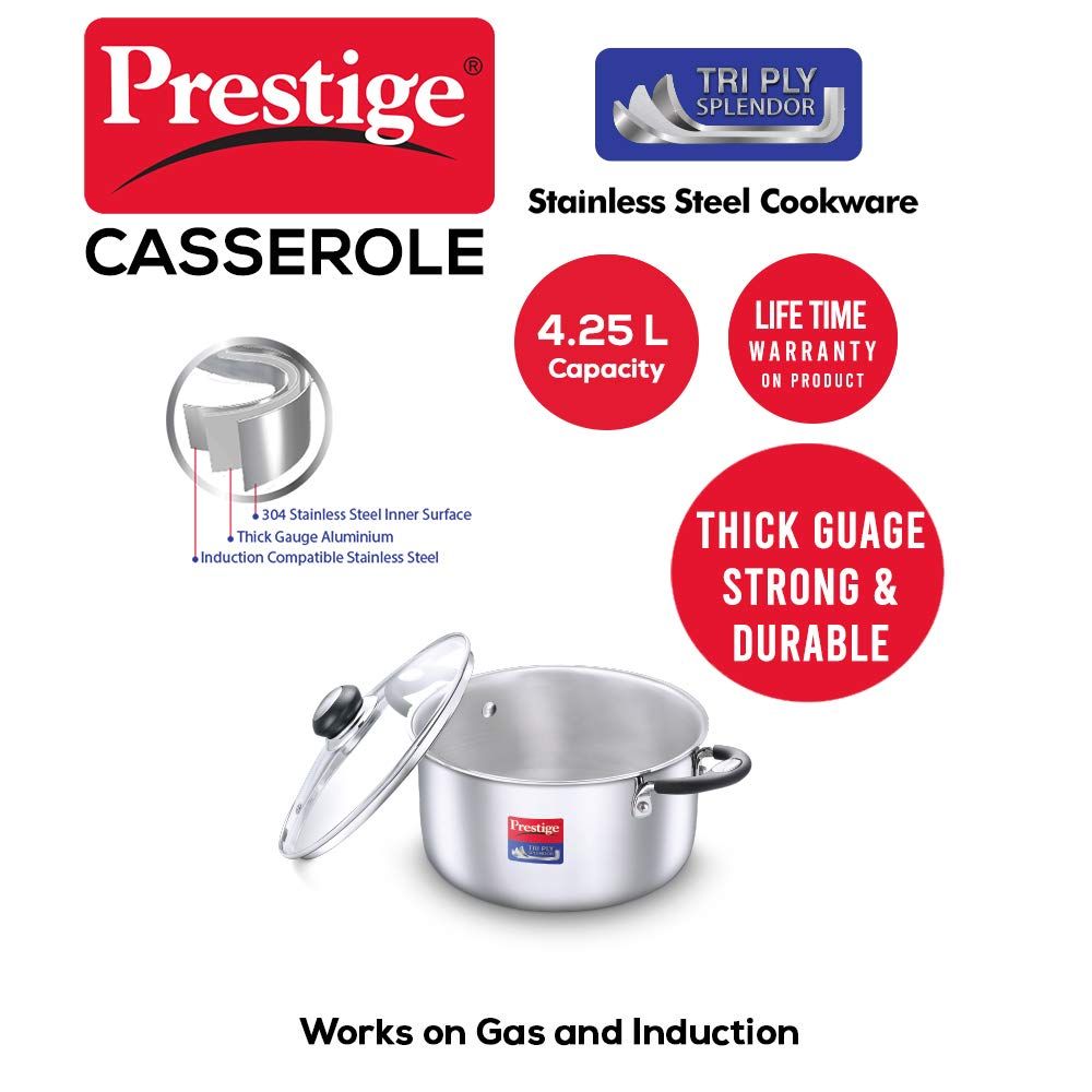 Prestige Tri-Ply Stainless Steel Splendor Casserole with Glass Lid - 5