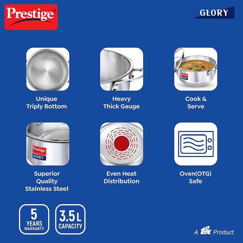 Prestige Glory Stainless Steel 3.5 Litres Kadai with Glass Lid - 5