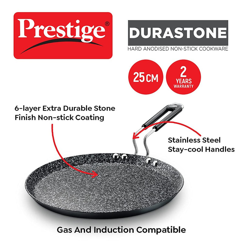 Prestige Durastone Hard Anodised 6 Layer Non-Stick Coating Omni Tawa | 250 MM | 25CM Black only on www.rasoishop.com