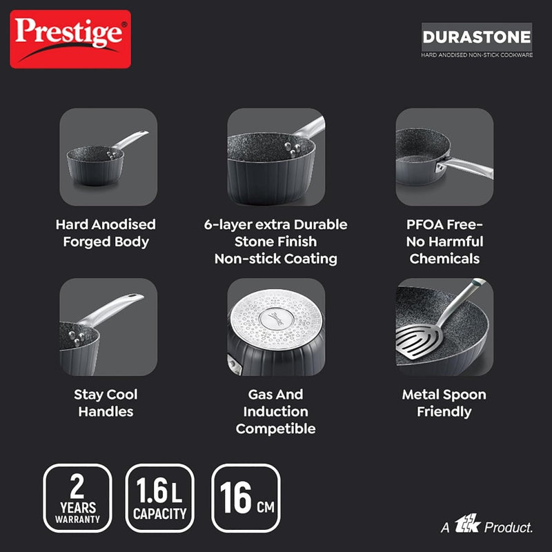 Prestige Durastone Hard Anodised 6 Layer Non-Stick Coating 16 CM Tea Pan with Glass Lid - 4