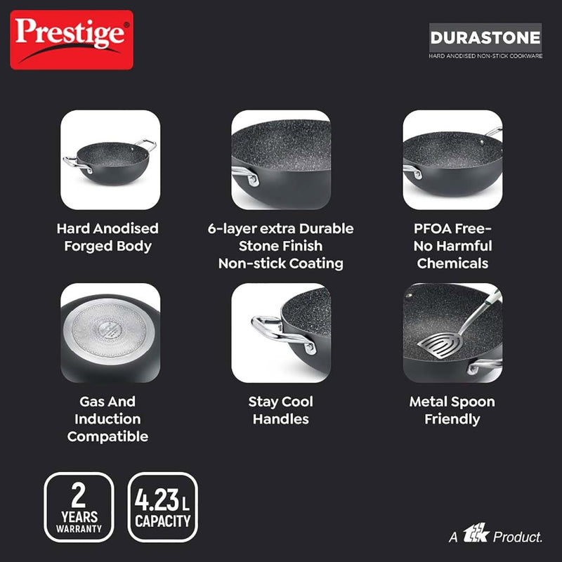 Prestige Durastone Hard Anodised 6 Layer Non-Stick Deep Kadai with Glass Lid - 8