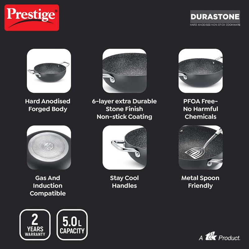 Prestige Durastone Hard Anodised 6 Layer Non-Stick Deep Kadai with Glass Lid - 12