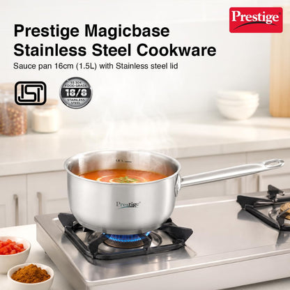 Prestige Stainless Steel Magicbase 16 cm Tri-Ply Capsulated Bottom Sauce Pan with Lid - 5
