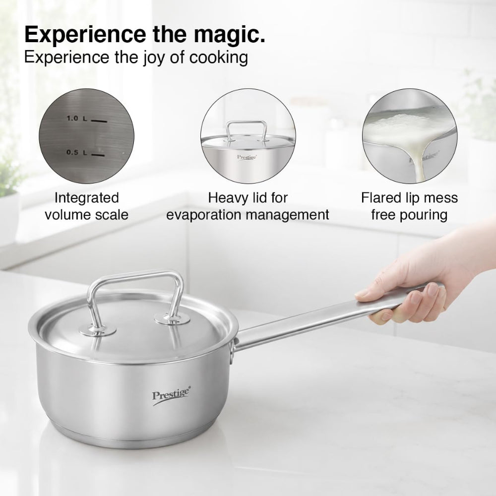 Prestige Stainless Steel Magicbase 16 cm Tri-Ply Capsulated Bottom Sauce Pan with Lid - 8