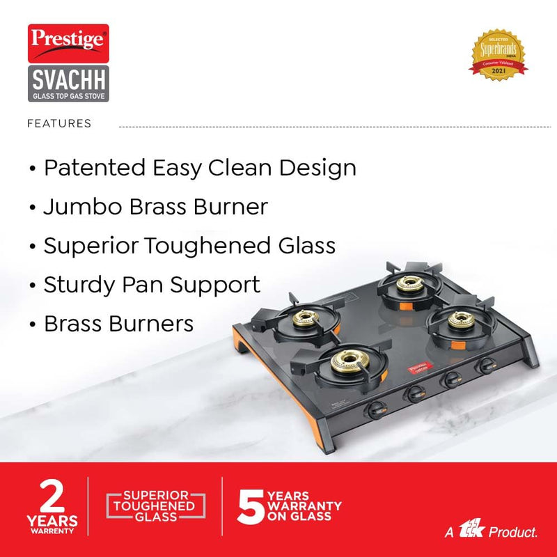 Prestige Svachh Glass Top 4 Burners with Liftable Burner Gas Stove B