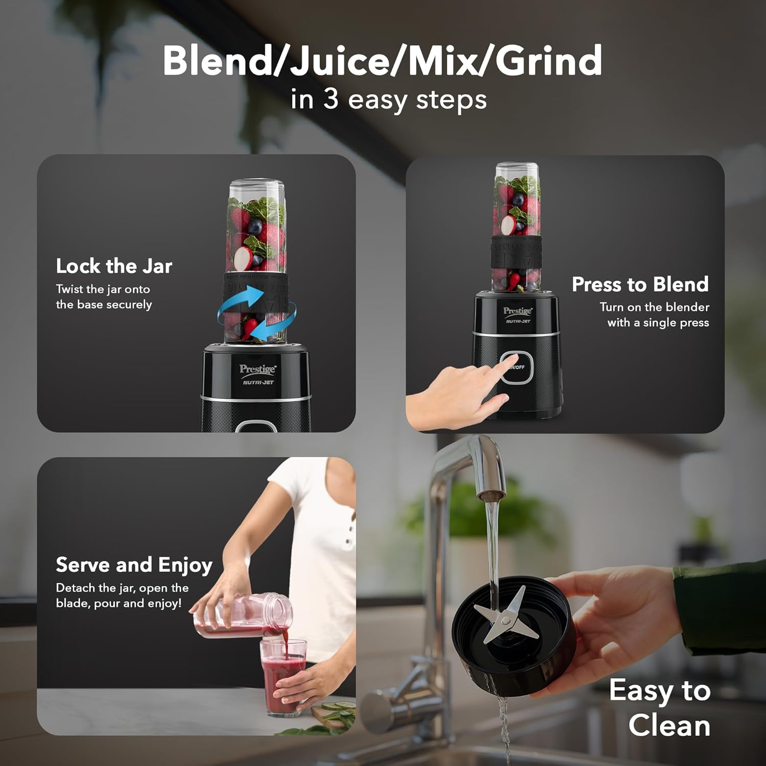 Prestige Nutri-Jet 450 Watts Mixer Grinder with 2 Jars | One-Touch Operation | Black