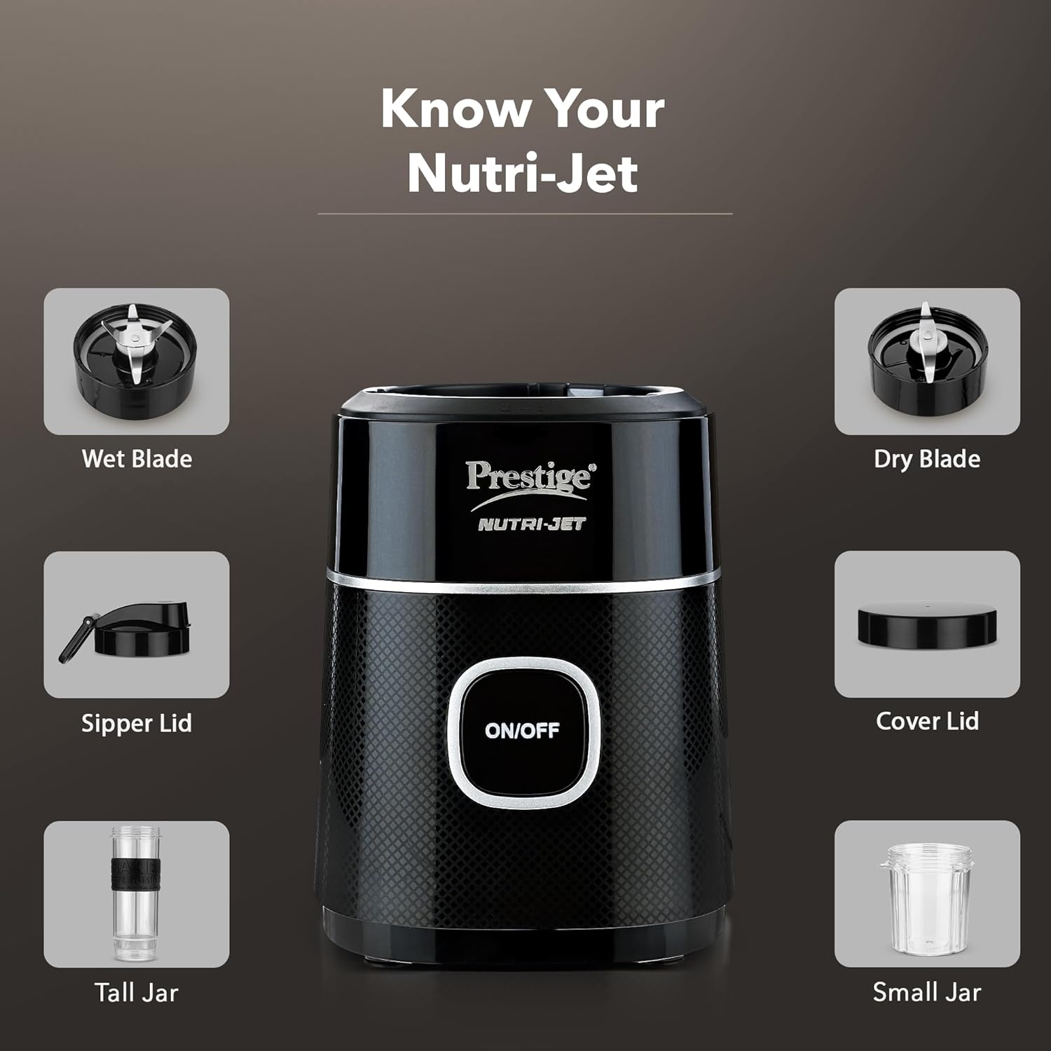 Prestige Nutri-Jet 450 Watts Mixer Grinder with 2 Jars | One-Touch Operation | Black