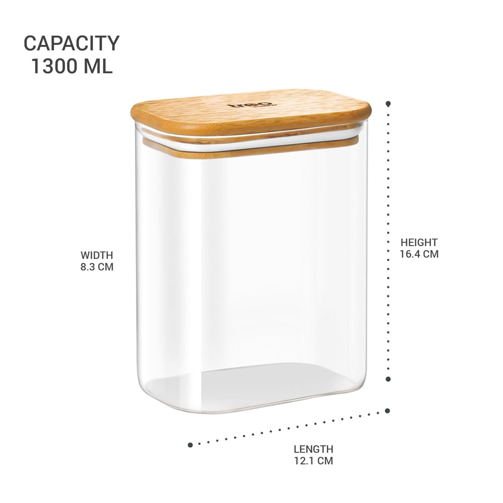 Treo Borosilicate Recto Storage Glass Jar with Wooden Lid - 12