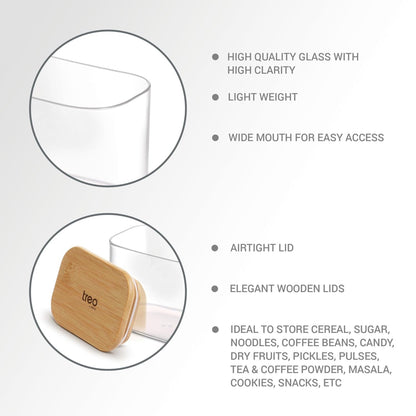 Treo Borosilicate Recto Storage Glass Jar with Wooden Lid - 14