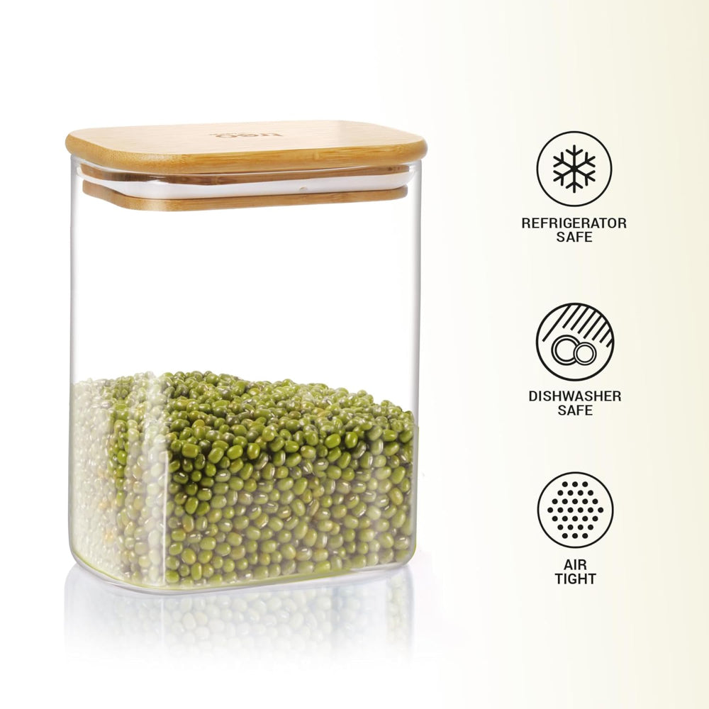Treo Borosilicate Recto Storage Glass Jar with Wooden Lid - 15