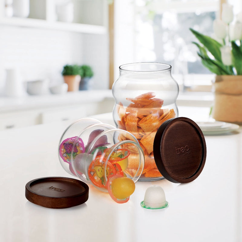 Treo Borosilicate Belly 500 ML Storage Glass Jar with Wooden Lid - 1