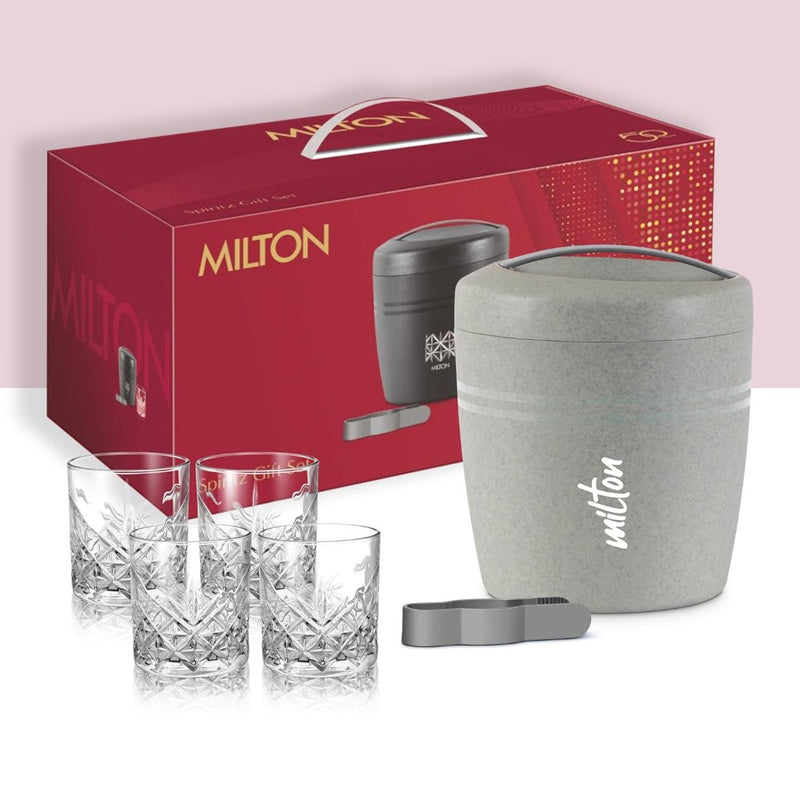 Milton Spiritz Gift Set - Polar Ice Storage Pail + Tong + 4 Borosilicate Glass 340 ML Tumblers - 10