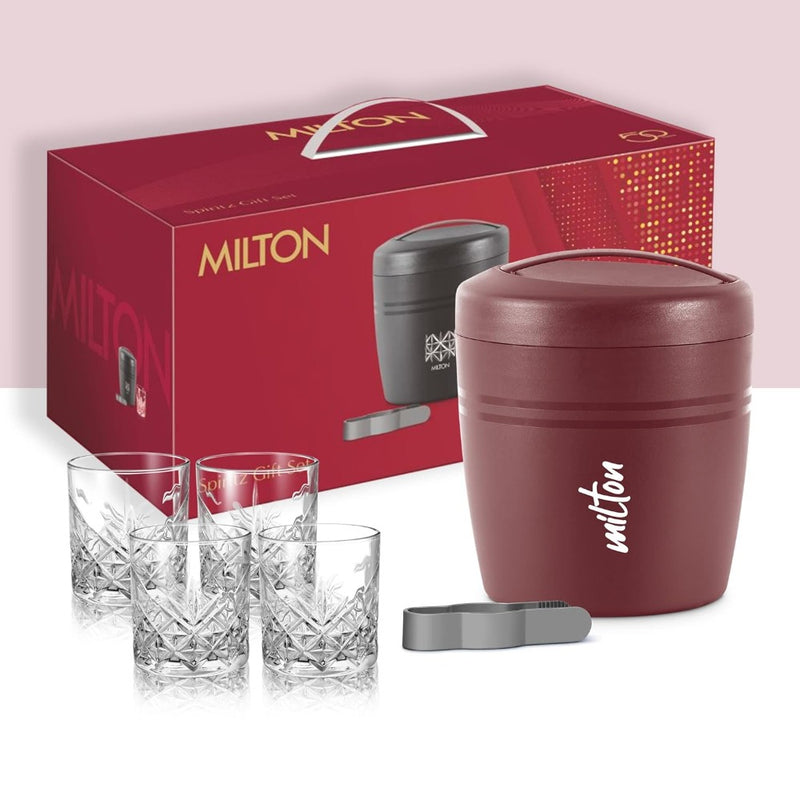 Milton Spiritz Gift Set - Polar Ice Storage Pail + Tong + 4 Borosilicate Glass 340 ML Tumblers - 4