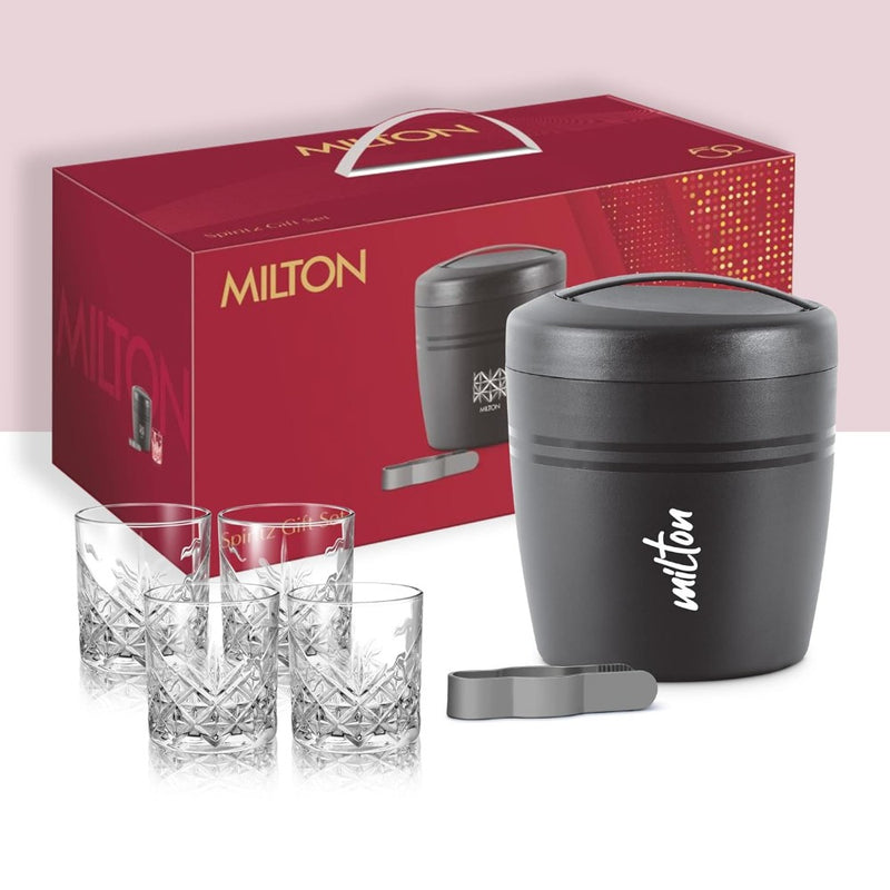 Milton Spiritz Gift Set - Polar Ice Storage Pail + Tong + 4 Borosilicate Glass 340 ML Tumblers - 7