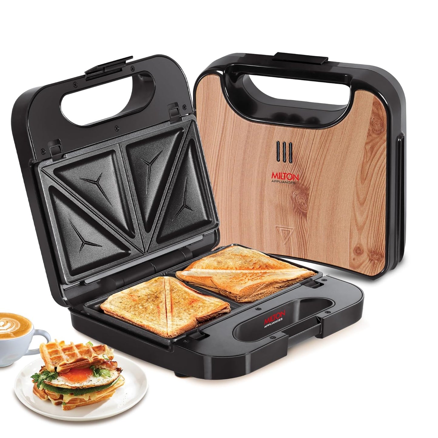 Milton 3-In-1 850 Watts Grill Sandwich Maker | Sandwich Griller & Toaster with Detachable Plates | Black & Wooden
