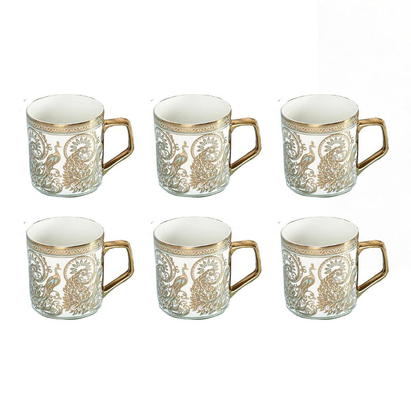 Clay Craft Ceramic Director Ebony Gold Peacock Printed 220 ML Coffee & Tea Mug Set - 3