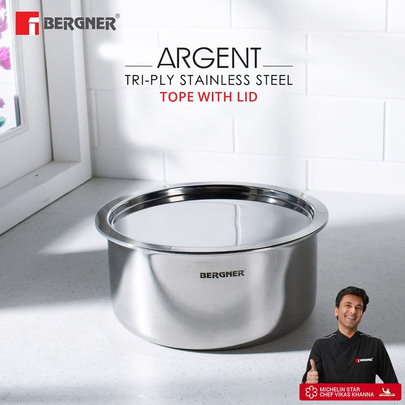 Bergner Argent Triply Stainless Steel Tope / Patila with Stainless Steel Lid - 9