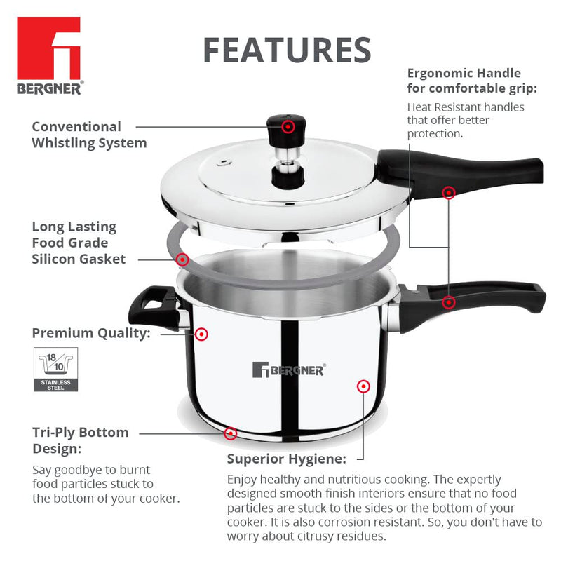 Bergner Pura Stainless Steel Pressure Cooker with Outer Lid - 6