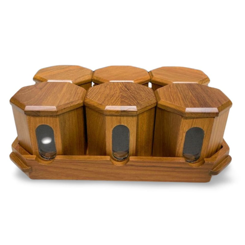 KVG Teak Wood Hax 6 Pcs Mukhwas Container With Tray - 2