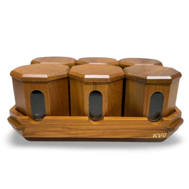 KVG Teak Wood Hax 6 Pcs Mukhwas Container With Tray | Brown - 1