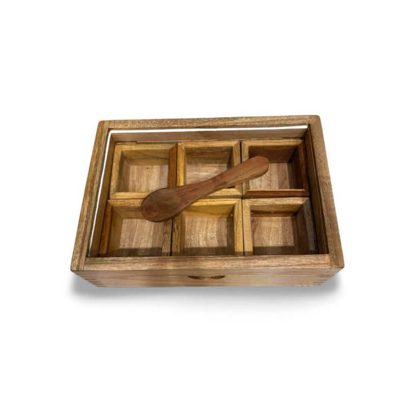 KVG Rose Wood Spice Box with 6 Compartment and 1 Spoon | Brown
