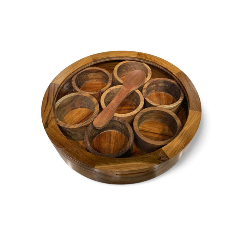 KVG Rose Wood Round Spice Box with 7 Compartment with Spoon| Brown - 1