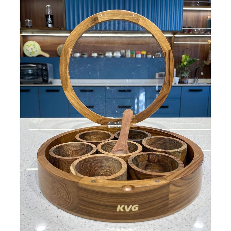KVG Rose Wood Round Spice Box with 7 Compartment with Spoon| Brown - 4