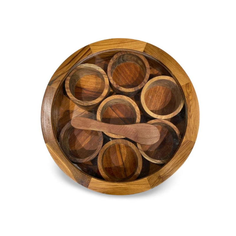 KVG Rose Wood Round Spice Box with 7 Compartment with Spoon| Brown - 2
