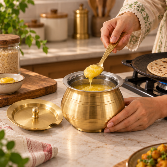 Lacoppera Brass Sundara 400 ML Ghee Pot with Serving Spoon - 1