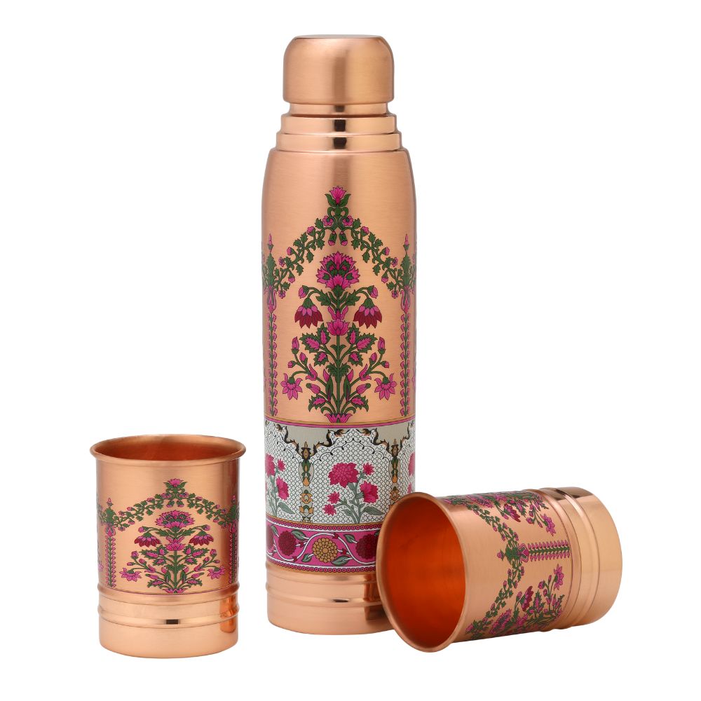 Lacoppera Copper 3D Printed Ayurship Noor E Gul Gift Set | Bottle