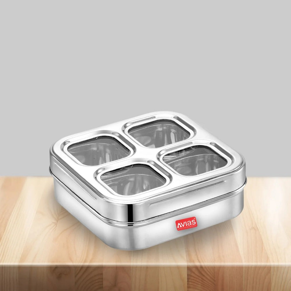 AVIAS 4 Square Stainless Steel Dry Fruit cum Spice box with see-through Lid & Spoon-1