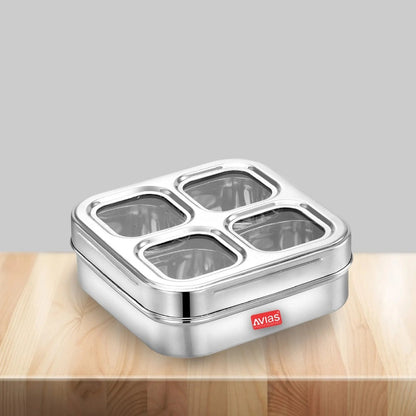 AVIAS 4 Square Stainless Steel Dry Fruit cum Spice box with see-through Lid & Spoon-1