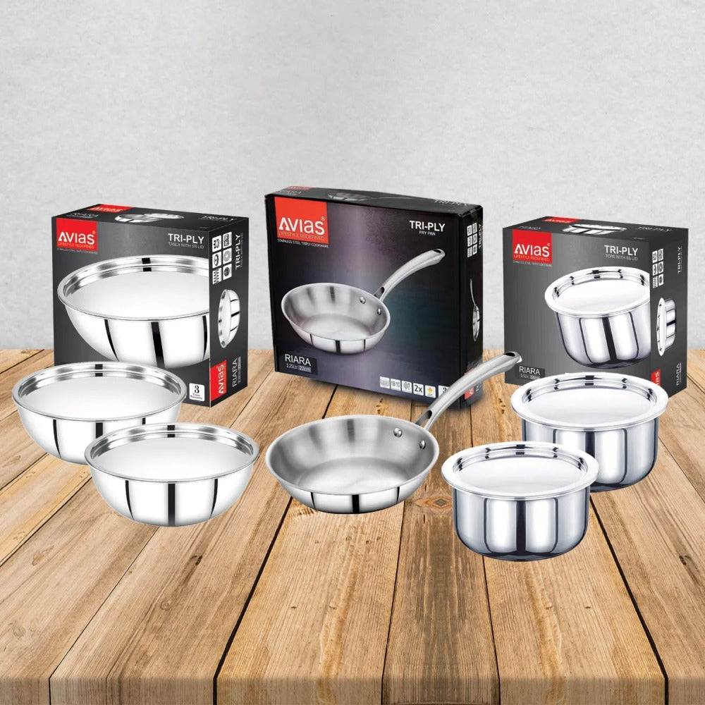 AVIAS Stainless steel Tri-Ply Riara (Tasla 20cm + Tasla 22cm + Frypan 22cm + Tope 14cm + Tope 16cm) | Induction Compatible | Silver-12