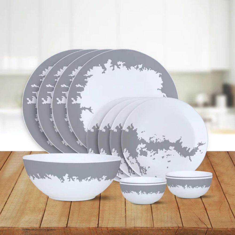 Larah by Borosil Moon Series Silver Luna Opalware Dinner Set White Grey Set of 33 Pcs