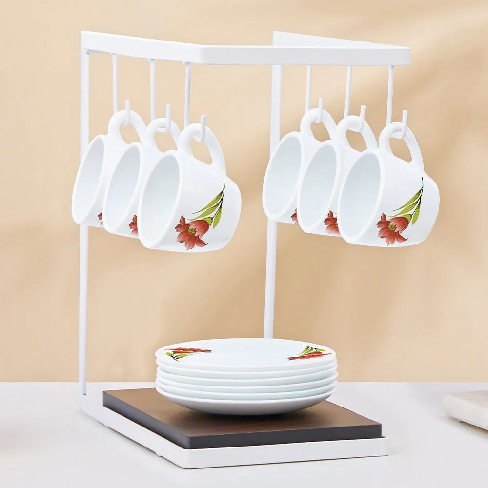 Larah by Borosil Opalware Red Iris Cup and Saucer Set - 5